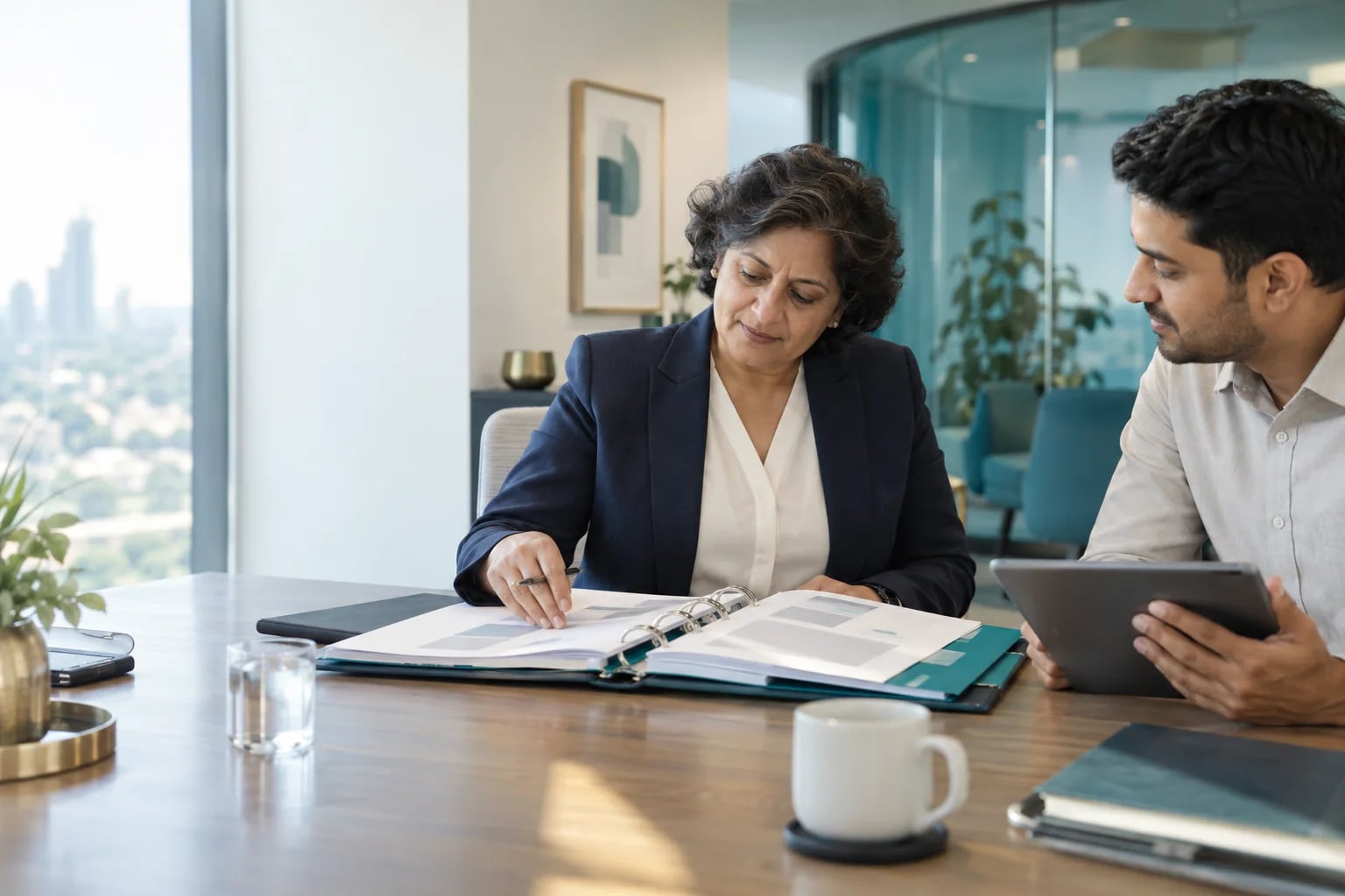 Original illustration of an experienced audit lead reviewing an evidence binder with a colleague in a sunlit meeting room.