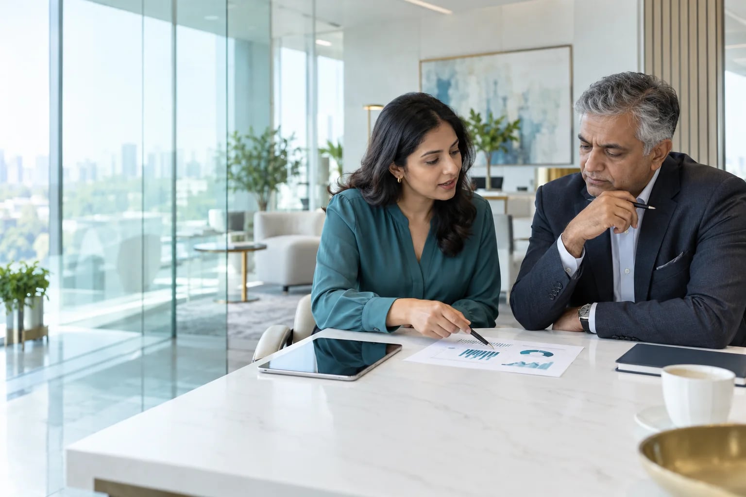Original illustration of an analyst and a senior risk specialist examining financial working papers together.