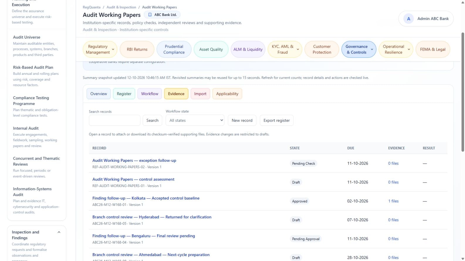 Audit working-paper evidence in the RegQuanta reference bank environment