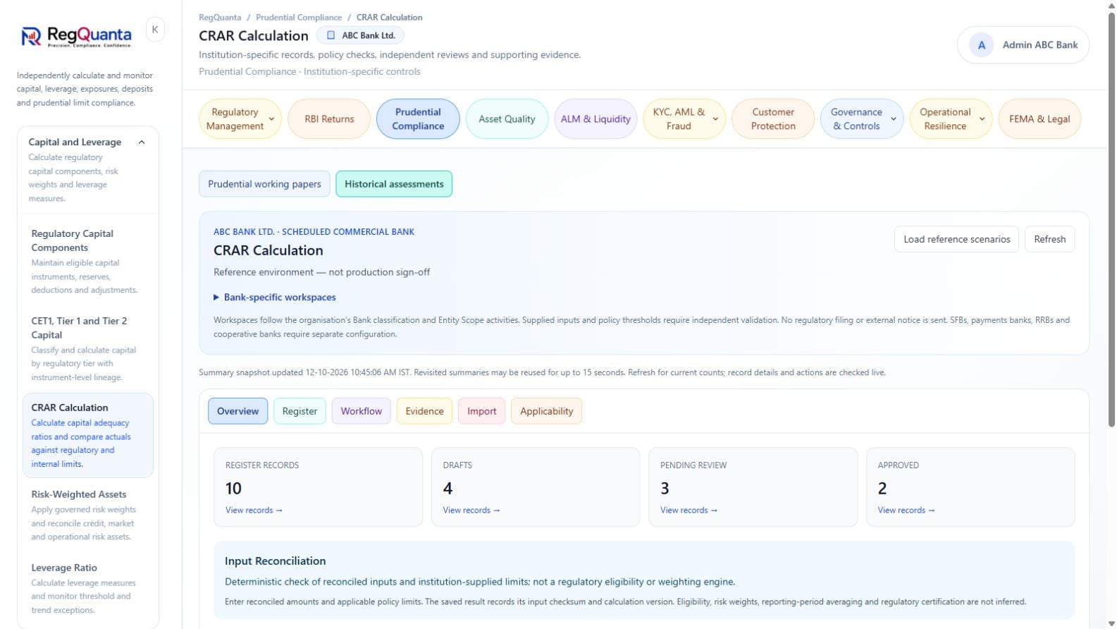 CRAR assessment overview in the RegQuanta reference bank environment