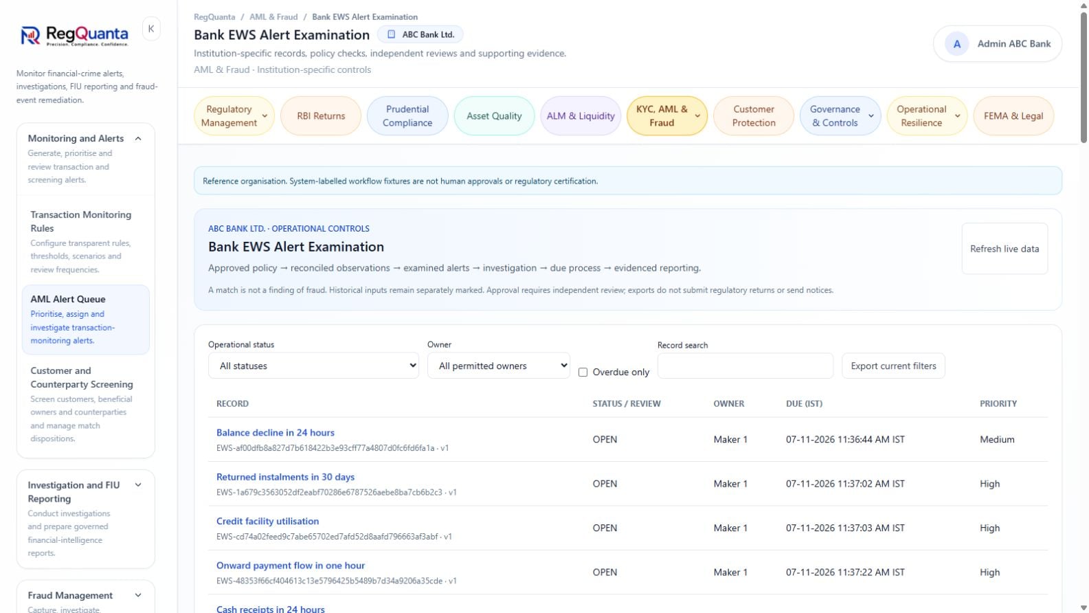 Bank EWS alert examination in the RegQuanta reference bank environment