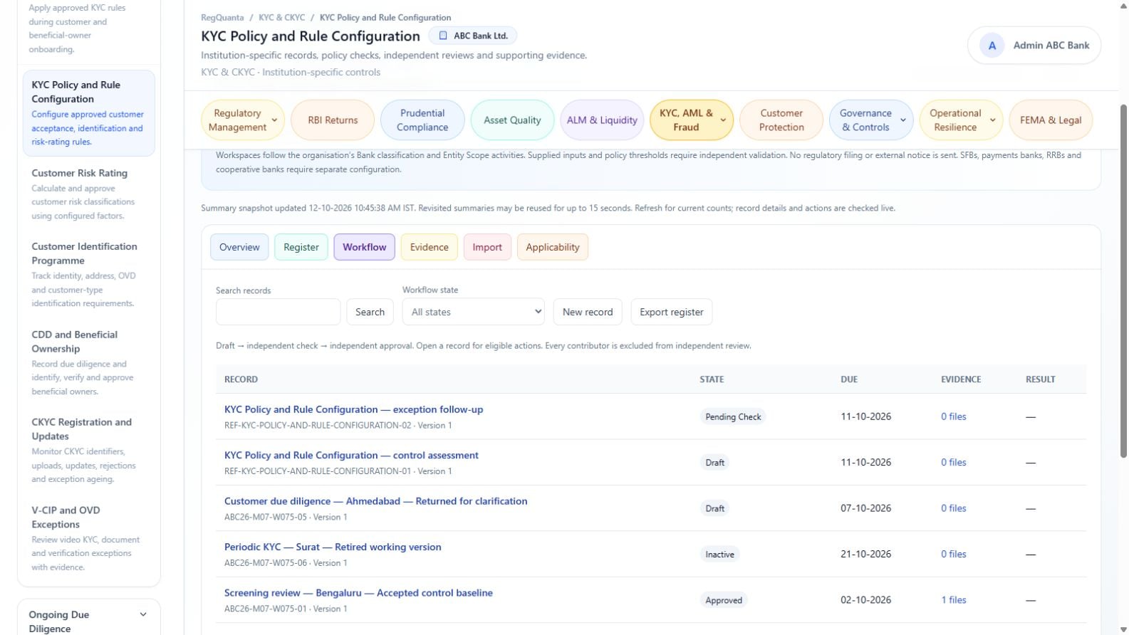 KYC policy review workflow in the RegQuanta reference bank environment