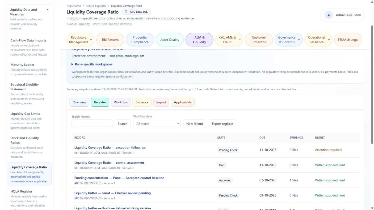 Liquidity coverage assessment register in the RegQuanta reference bank environment