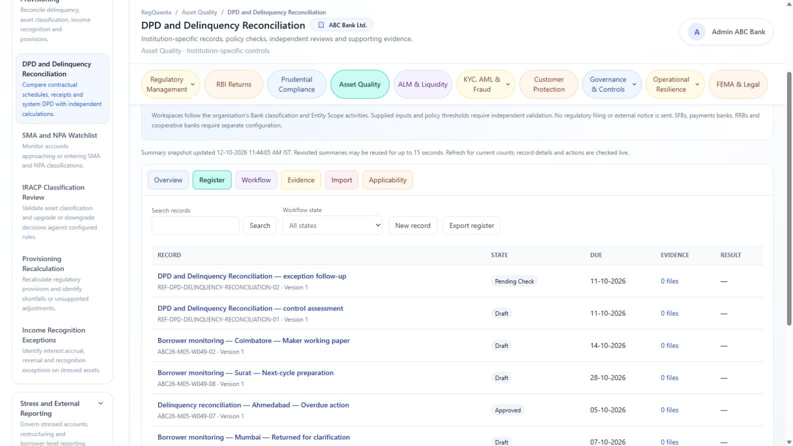 DPD reconciliation assessment register in the RegQuanta reference bank environment