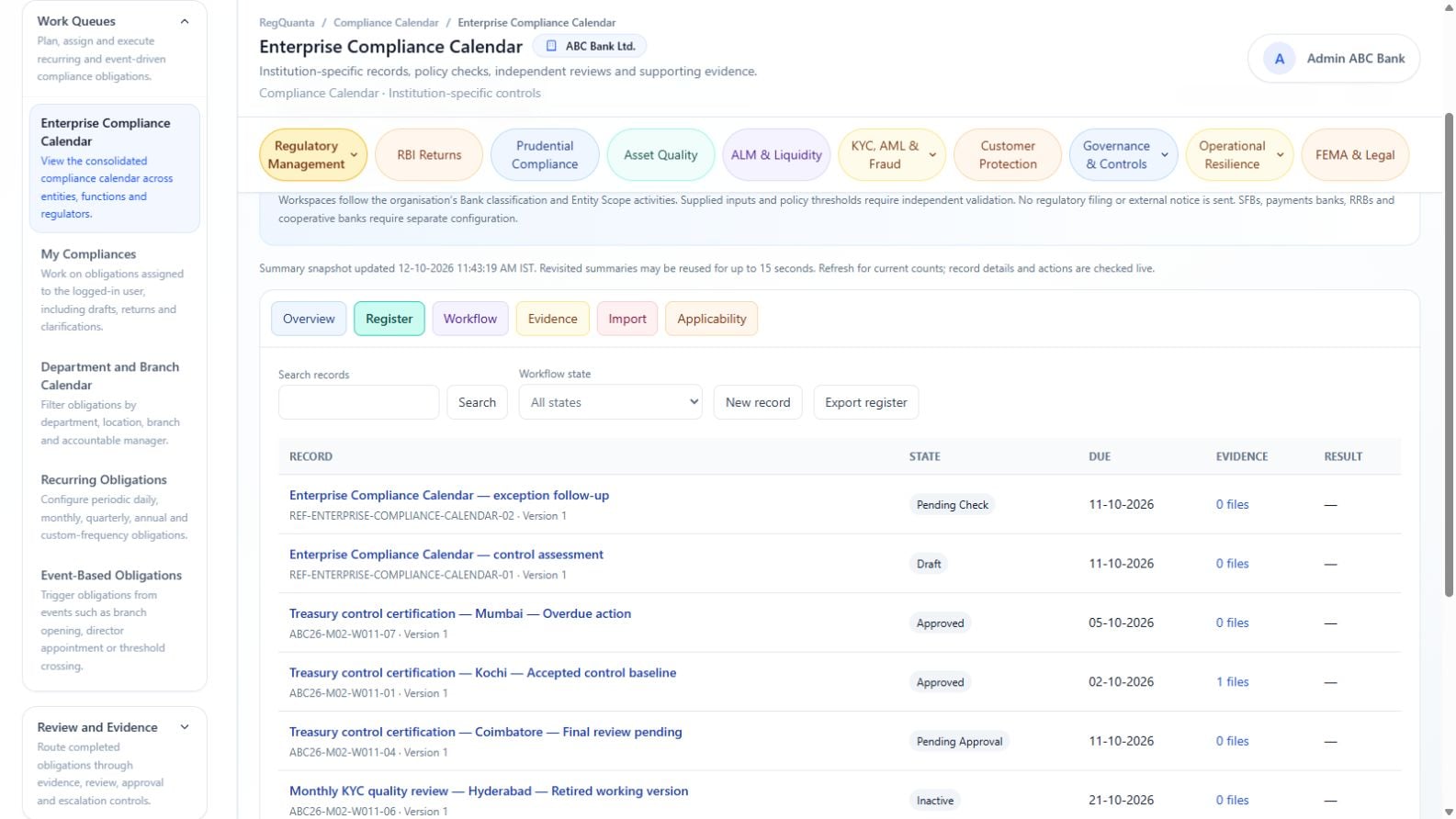 Enterprise compliance register in the RegQuanta reference bank environment