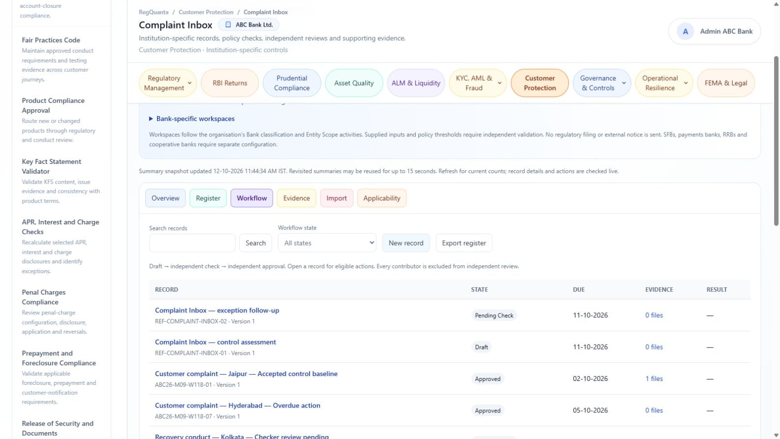 Complaint assessment review stages in the RegQuanta reference bank environment