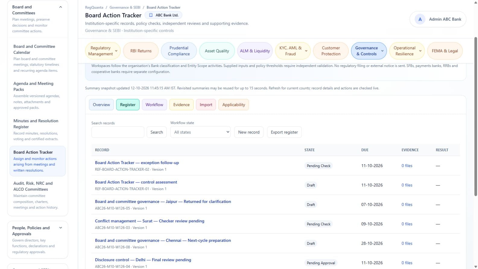 Board action register in the RegQuanta reference bank environment