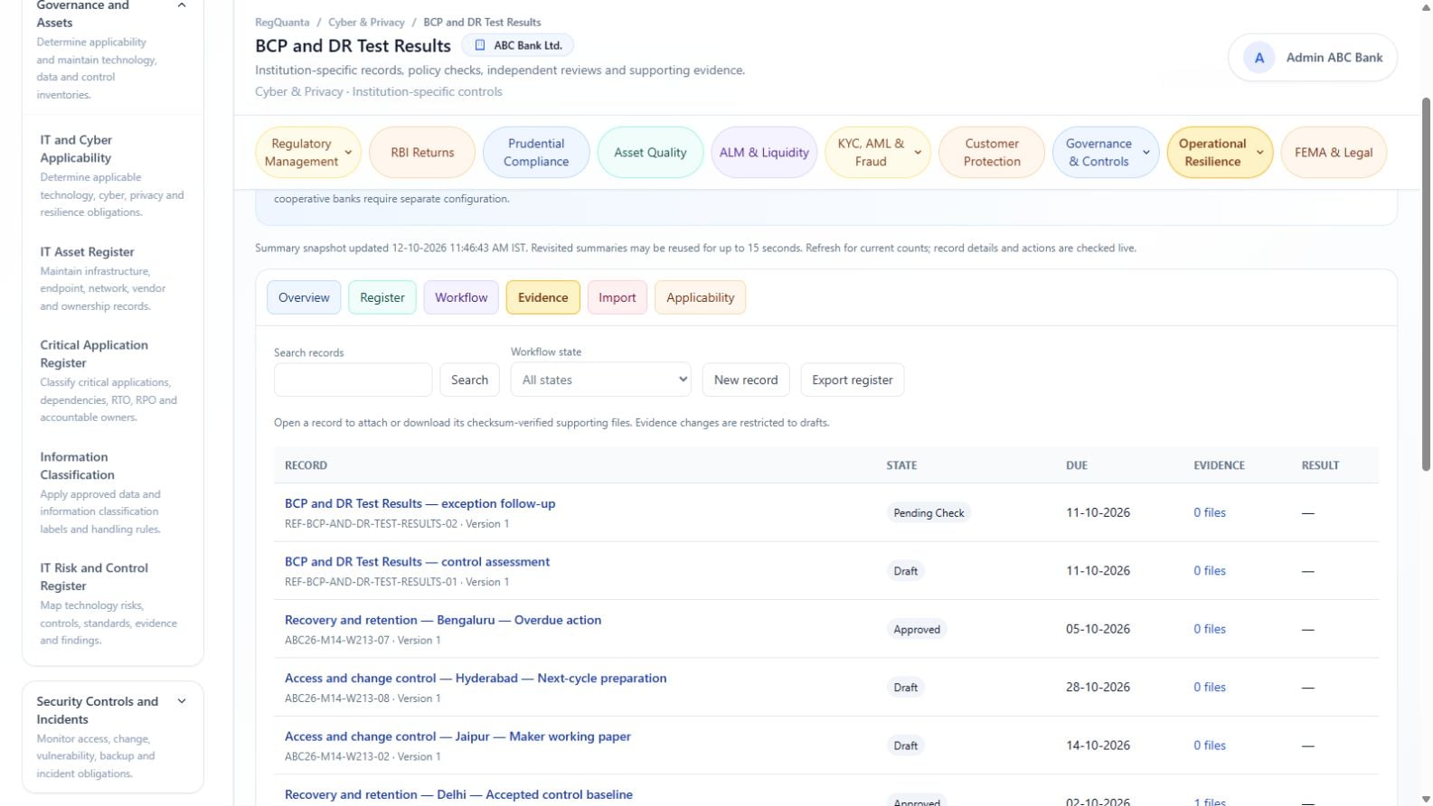 BCP and DR test evidence in the RegQuanta reference bank environment