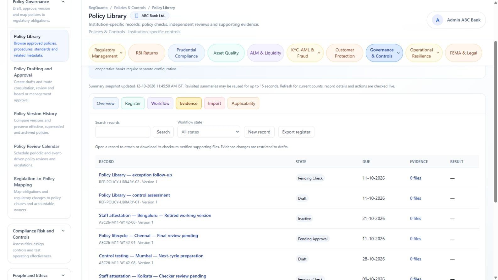 Policy library evidence view in the RegQuanta reference bank environment