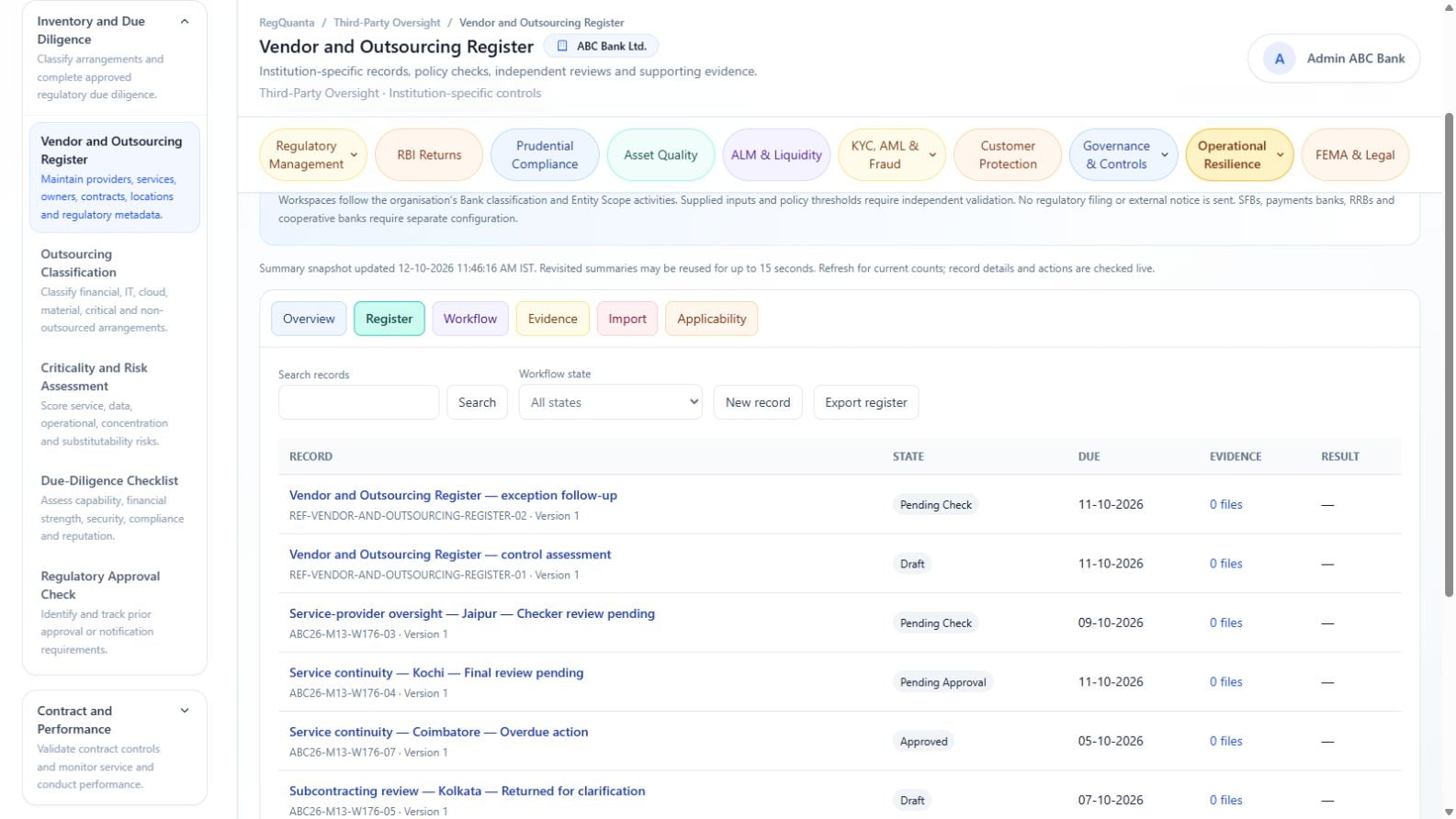 Vendor and outsourcing register in the RegQuanta reference bank environment