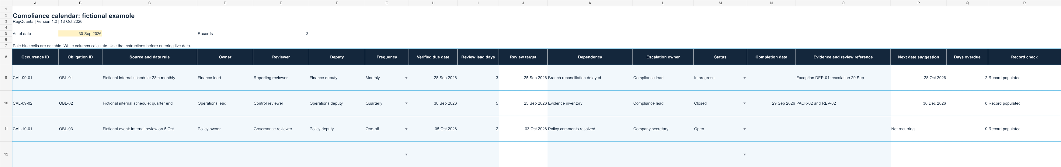 Excel preview of the compliance calendar fictional example, with editable inputs and calculated review checks