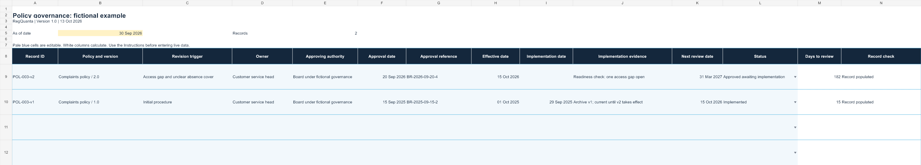Excel preview of the policy governance fictional example, with editable inputs and calculated review checks