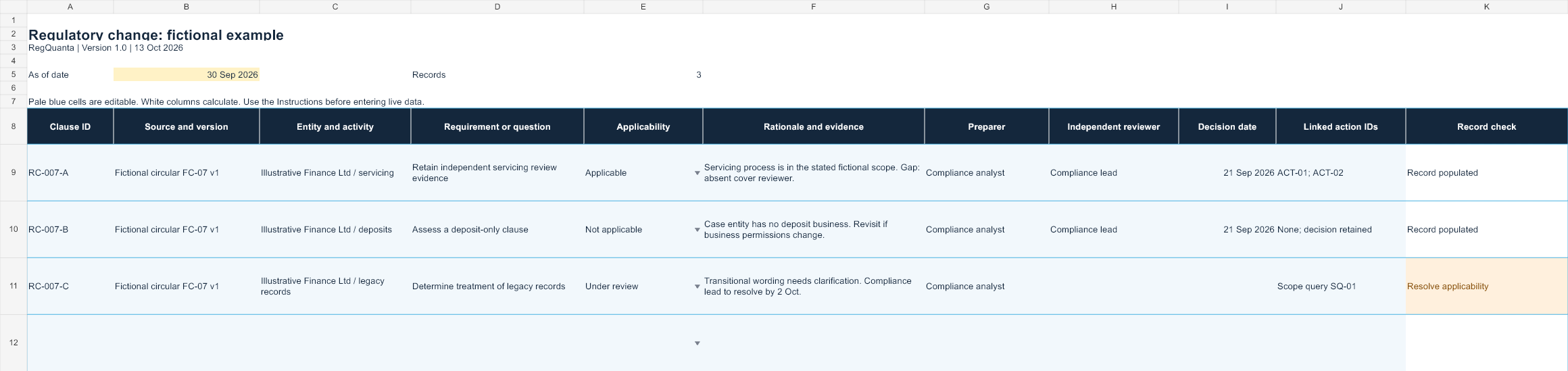 Excel preview of the regulatory change fictional example, with editable inputs and calculated review checks