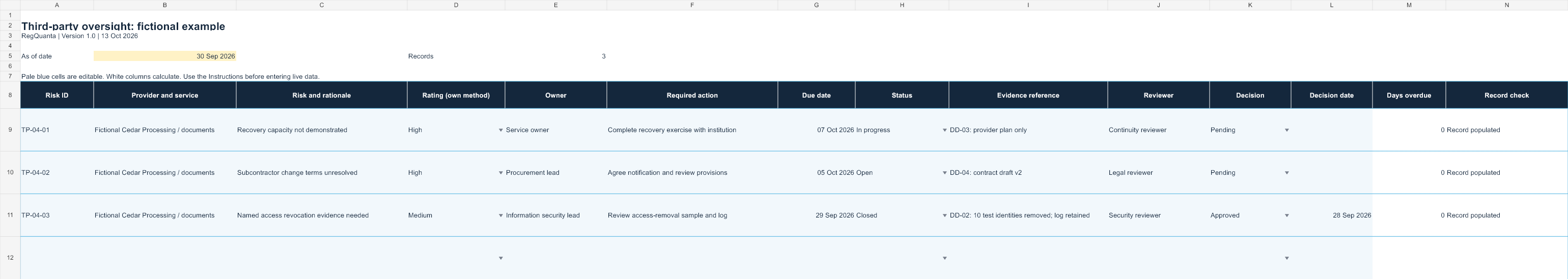 Excel preview of the third-party oversight fictional example, with editable inputs and calculated review checks